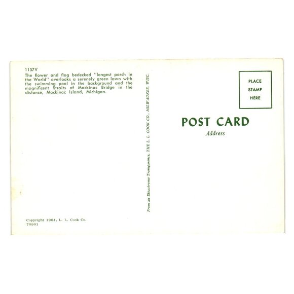 Mackinac Island Grand Hotel Postcard Vintage L L Cook Co 1964 Longest Porch - Picture 2 of 2